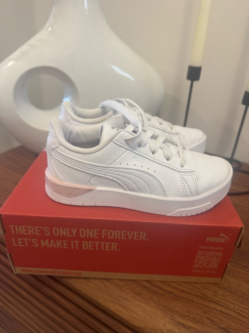 Puma Kids White Sneakers with Pink Heel Accent